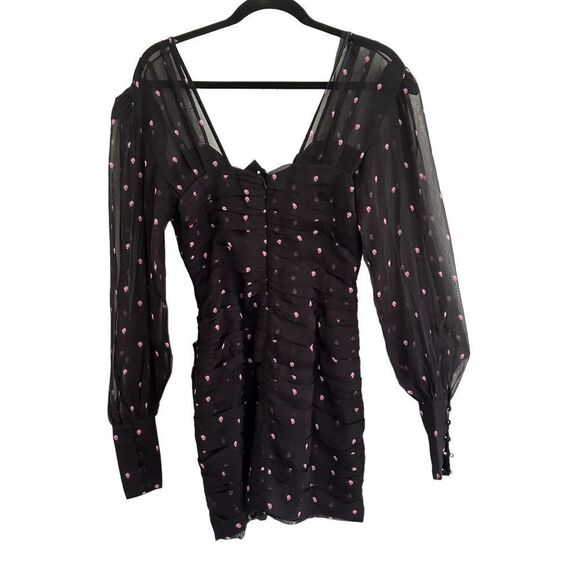 Retrofête Calla Ruched Silk-Chiffon Mini Dress Black Rose Women's Size Small - Picture 7 of 11